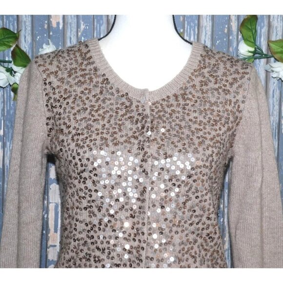 Ann Taylor Ladies Brown Snap Button Front Sequin Sweater Size M Stretch Career - Picture 2 of 9